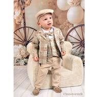 Garnitur chłopięcy z koszulo-body w Beżowo-błękitną kratę z kamizelką i spodniami karmelowymi KOD.1968 - 2