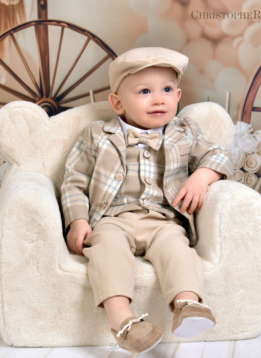 Garnitur chłopięcy z koszulo-body w Beżowo-błękitną kratę z kamizelką i spodniami karmelowymi KOD.1968