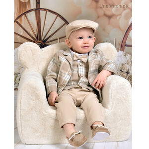 Garnitur chłopięcy z koszulo-body w Beżowo-błękitną kratę z kamizelką i spodniami karmelowymi KOD.1968