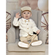 Garnitur chłopięcy kremowy w paseczki karmelowe z kamizelką karmelową KOD.8172 - 2