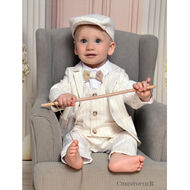 Garnitur chłopięcy kremowy w paseczki karmelowe z kamizelką KOD.8172 - 2