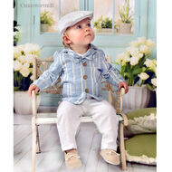 Garnitur chłopięcy LNIANY z koszulo-body Błękitny z kamizelką KOD.0527 - 2