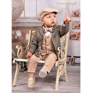 Garnitur chłopięcy z koszulo-body Beżowy w pepitkę z kamizelką KOD.7557